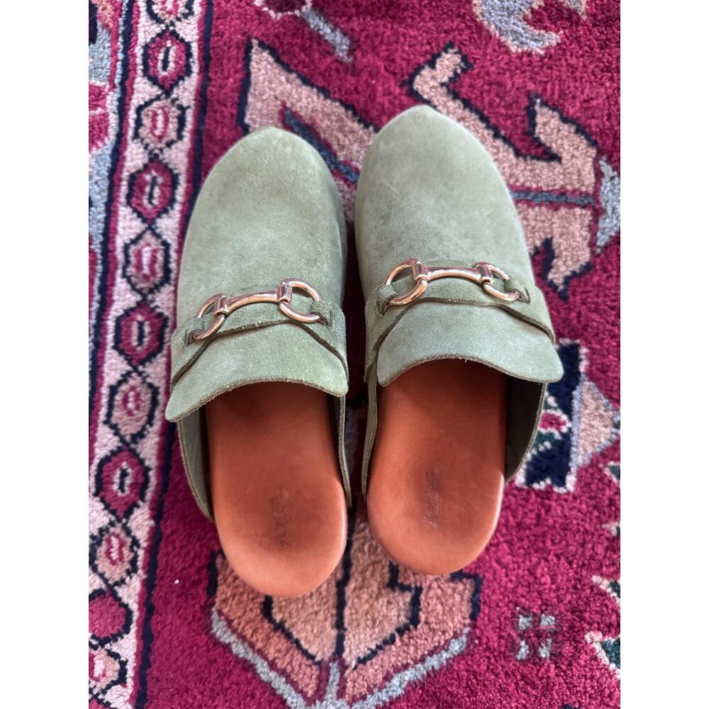 Apex wooden clogs green leather buckle sz 38